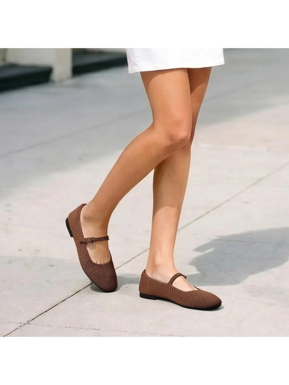 Women's Brown Knit Mary Jane Square Toe Stretchy Buckle Ballet Flat Casual Shoes
